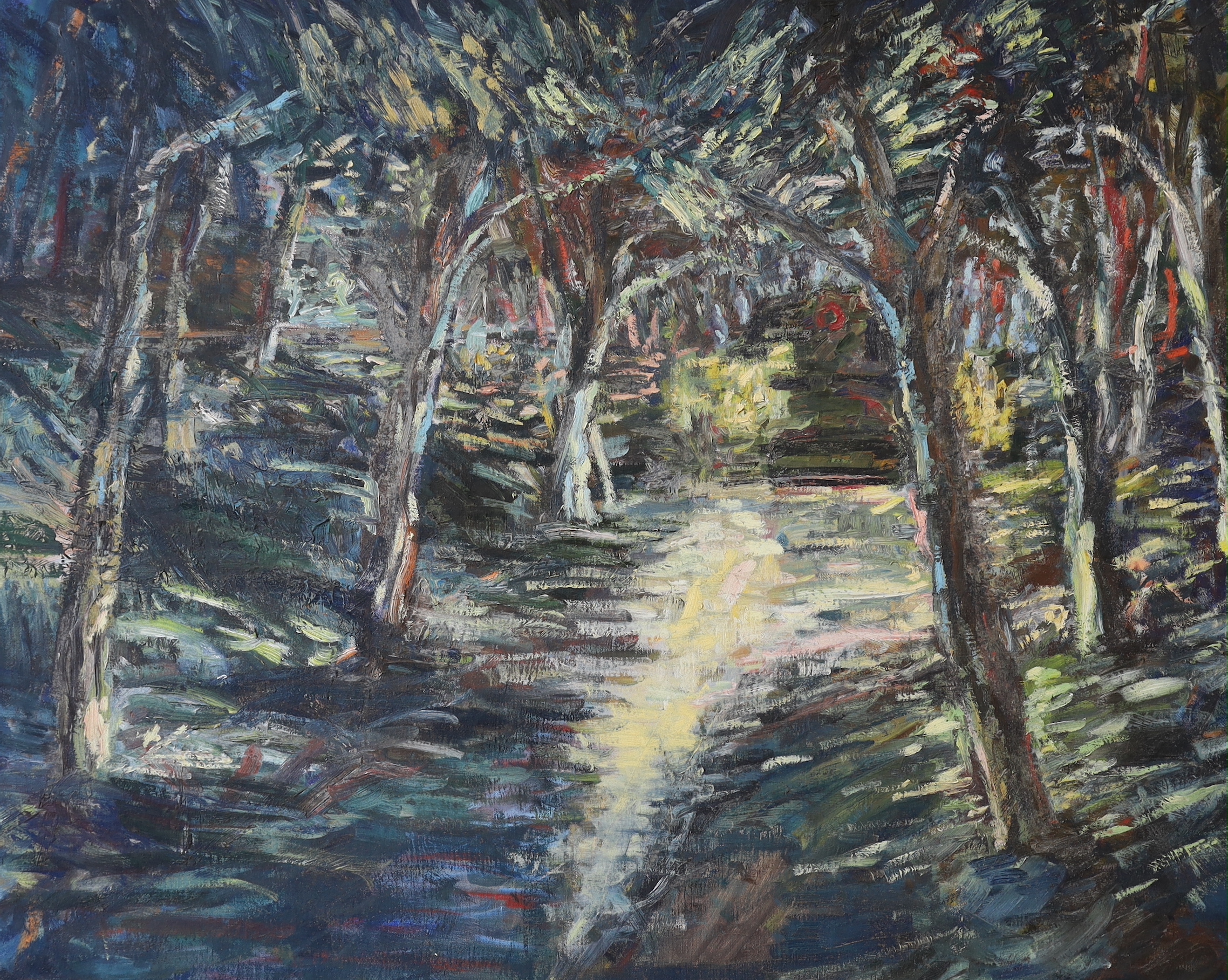 Avner Moriah (b.1953, Israeli) Abstract oil on canvas, Woodland landscape, inscribed verso A. Moriah '83, 91 x 71cm